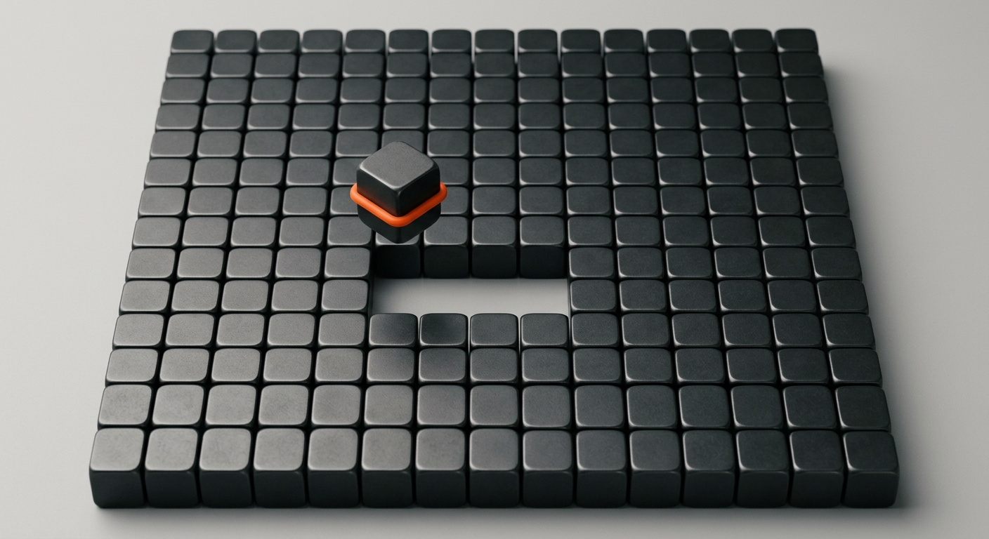 A single dark metal token lifted out of a dense grid of identical tokens, representing removing one person from a company memory layer