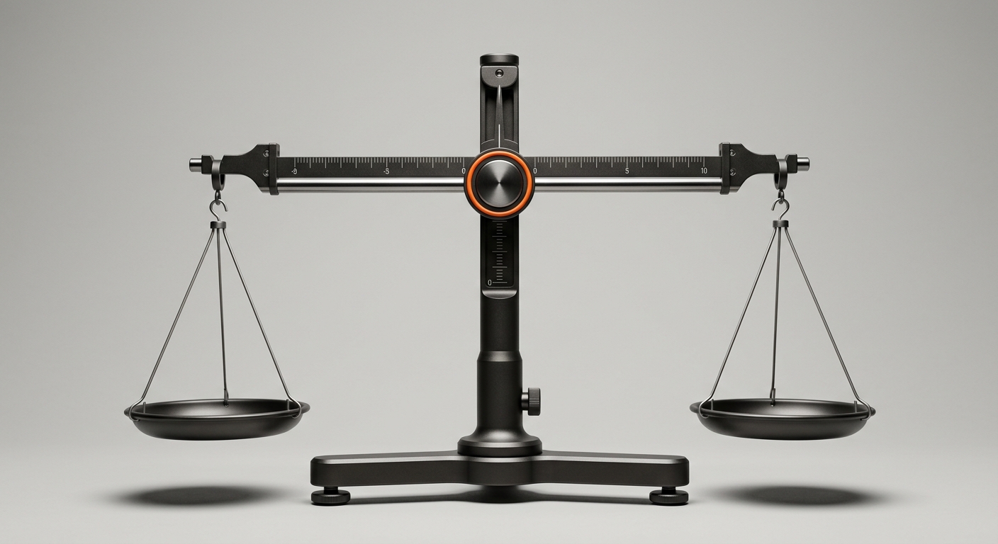 A precision balance scale with an orange accent ring, representing accurate and fair sales commission payouts