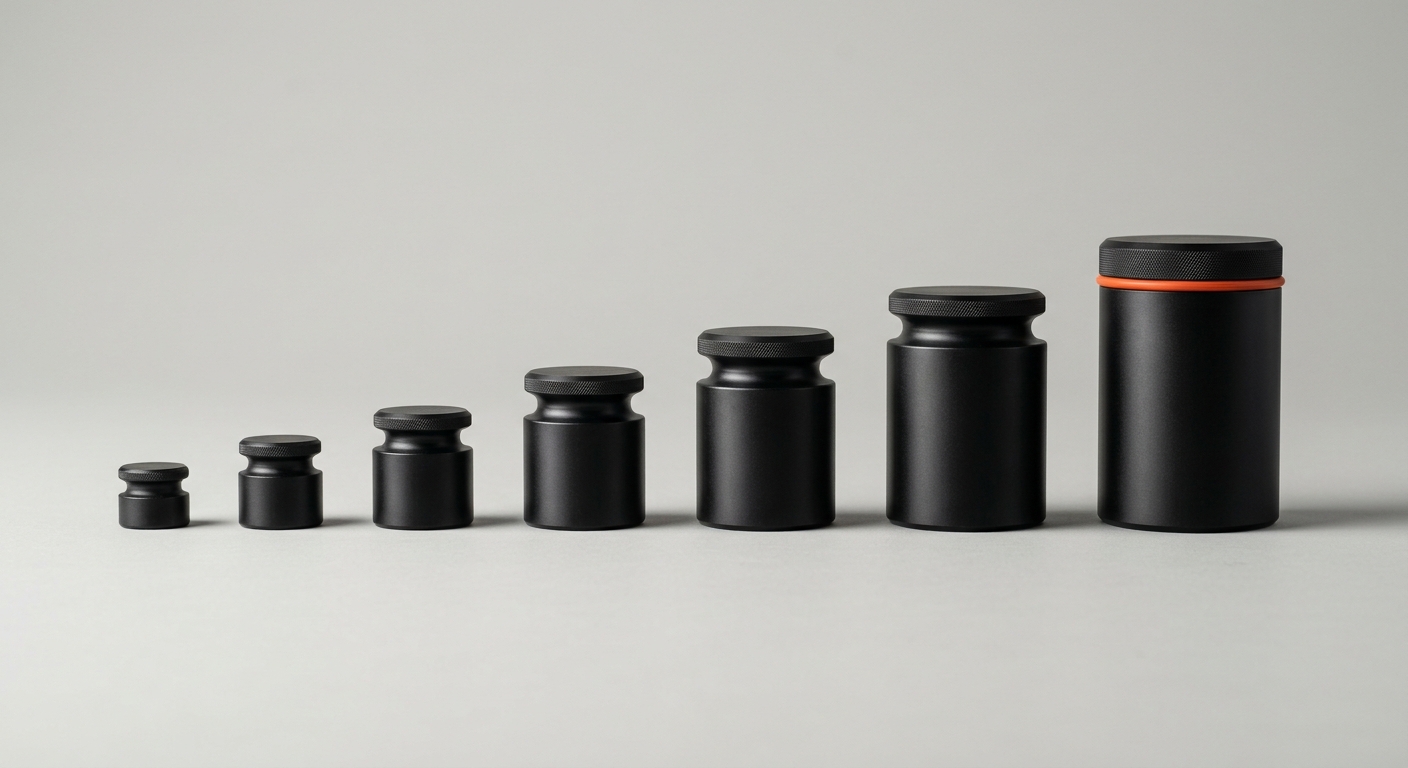 A graduated set of calibration weights with one highlighted in orange, representing commission tools sized for different teams