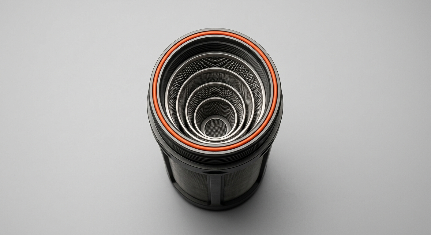 A layered dark metal filter cartridge with an orange sealing ring, representing a Company Brain that filters SOC alert noise into real incidents and keeps the investigation logic