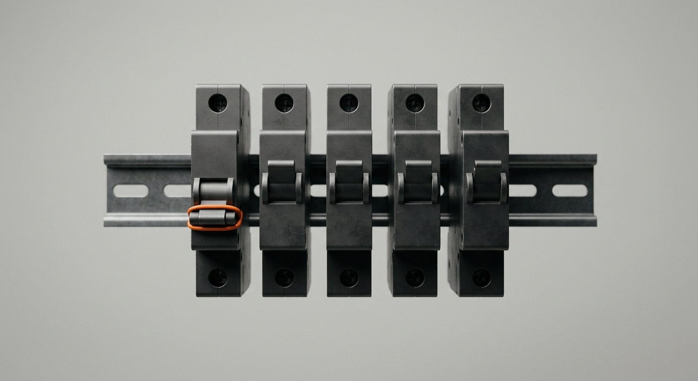 Five circuit breakers on a DIN rail with an orange accent on the leftmost lever - the phased rollout from one Sparte and Use Case to the whole Stadtwerk