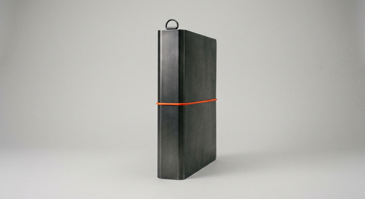 A dark metal binder spine with an orange accent band, symbolising the client files an AI agent now opens, reads and books for a Steuerkanzlei