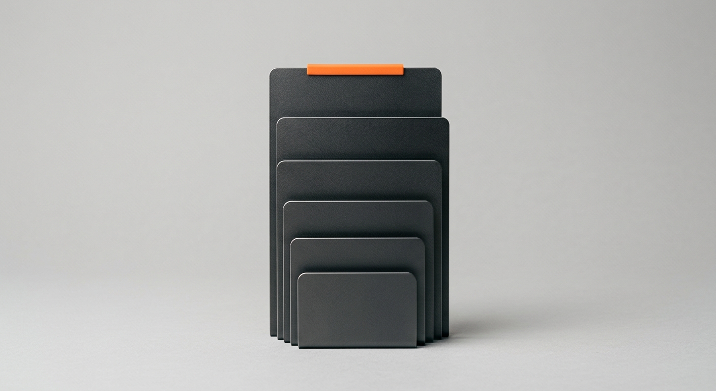 Stacked metal file dividers ascending in size with an orange accent tab - the phased rollout from one Mandant to the whole Kanzlei book