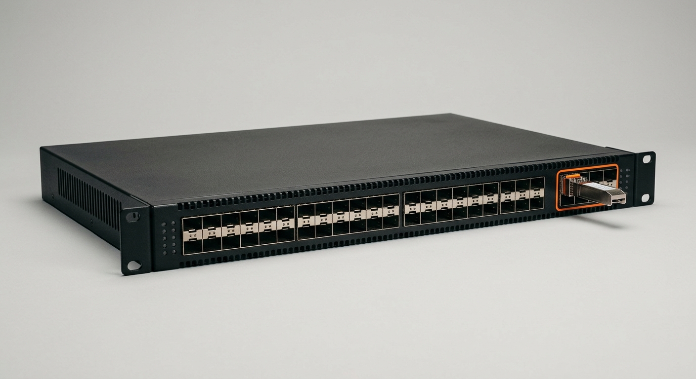 Rack-mounted telecom network switch representing AI-driven network operations