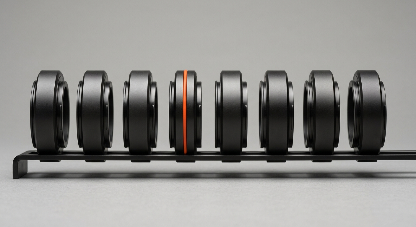 Eine Reihe von acht identischen dunklen Metall-Modulen mit einem orangen Akzentring - Sinnbild für eine Markenstimme, über jeden Markt konsistent gehalten