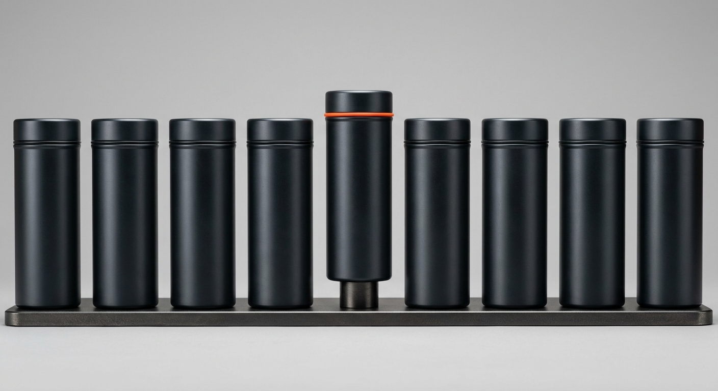 A row of identical dark metal cylindrical canisters on a flat base, with one canister in the middle elevated and circled by an orange accent ring - a metaphor for picking the right SKU at the right price across a long-tail wholesale catalog