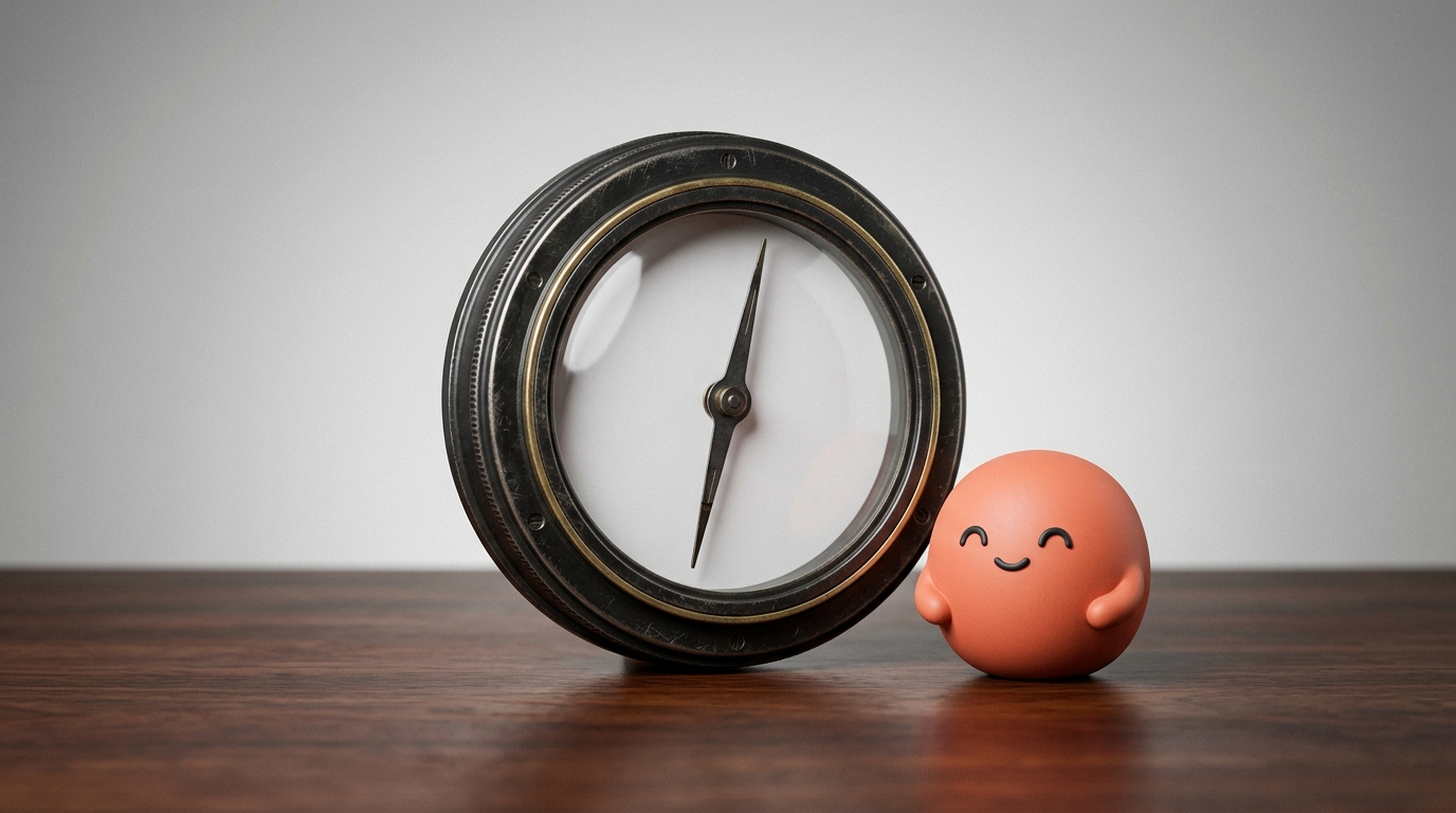 A dark brass nautical compass with a blank dial on a piece of polished dark wood, with the orange Superkind mascot sitting next to it