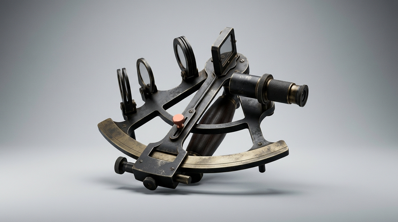 A dark antique brass sextant with aged metal detailing, with a single small coral-orange knob as the only accent