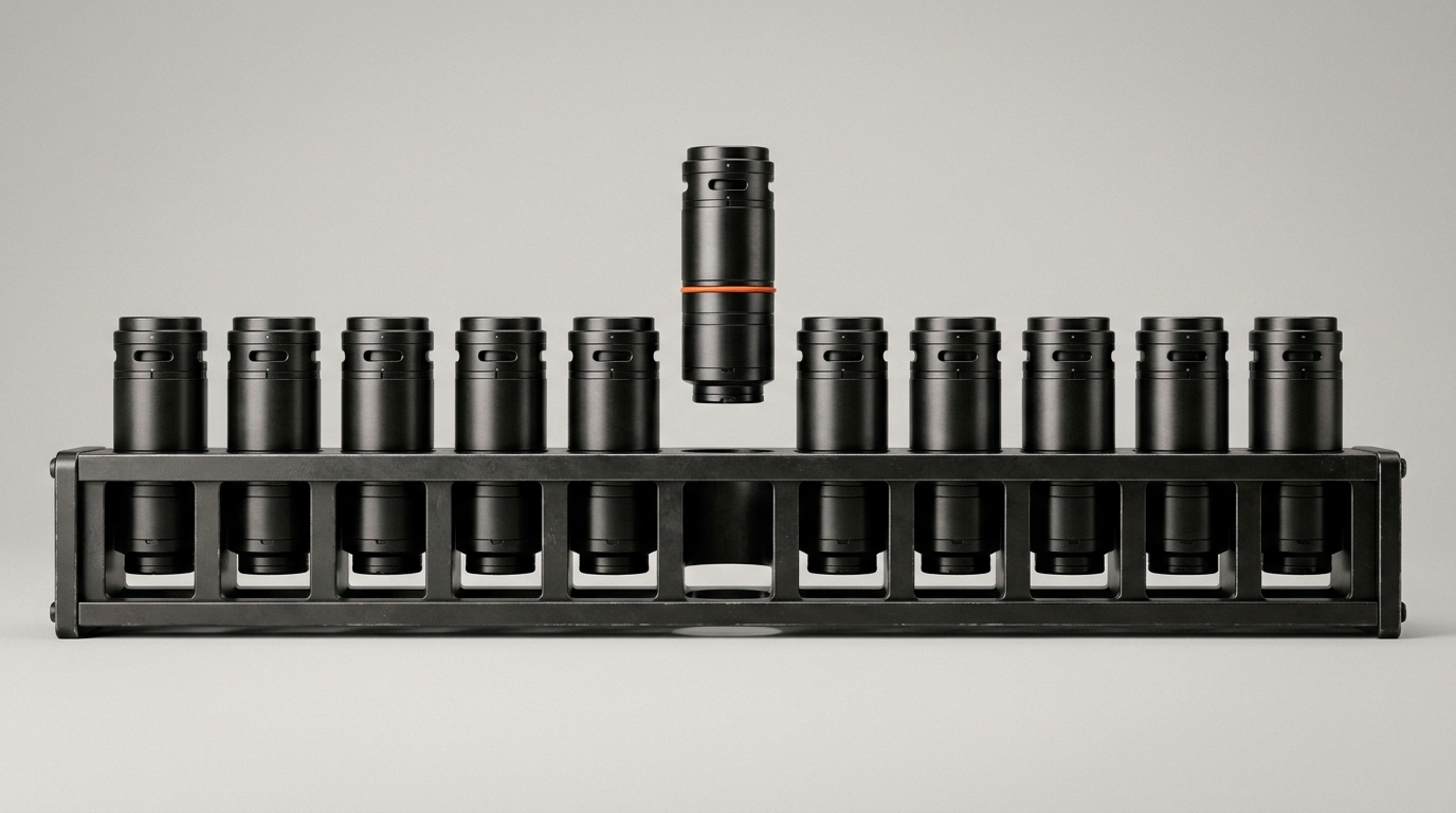 A rack of identical cartridge modules with one being swapped out, representing the recurring maintenance and model-churn burden of a custom AI agent