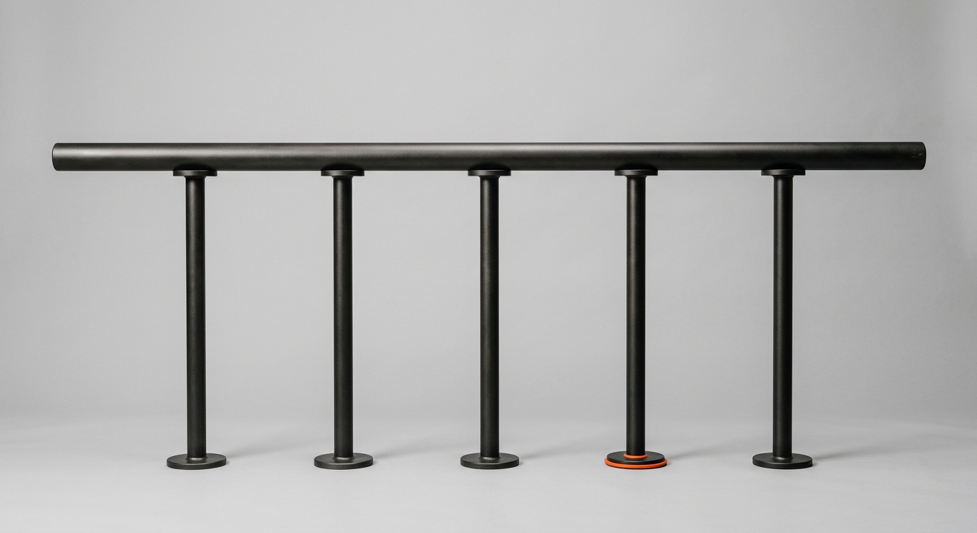 The same heavy dark metal bar now resting evenly on five pillars, one with an orange ring, symbolising a capability distributed instead of resting on a single person