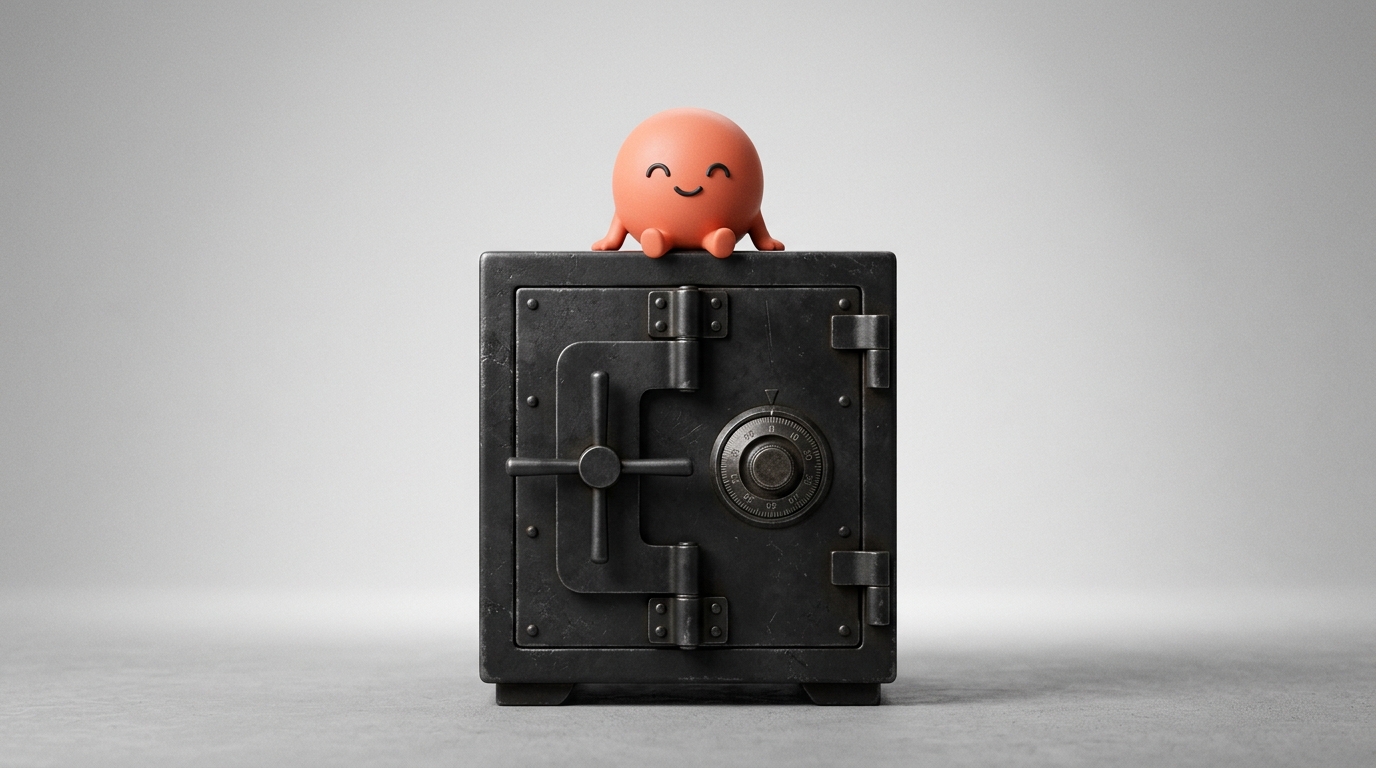 A dark antique safe with a combination dial and the orange Superkind mascot sitting on top