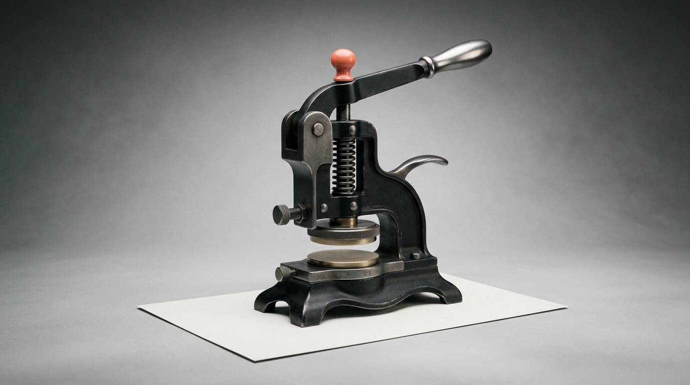A dark vintage embossing seal press with a single coral-orange accent on the handle knob