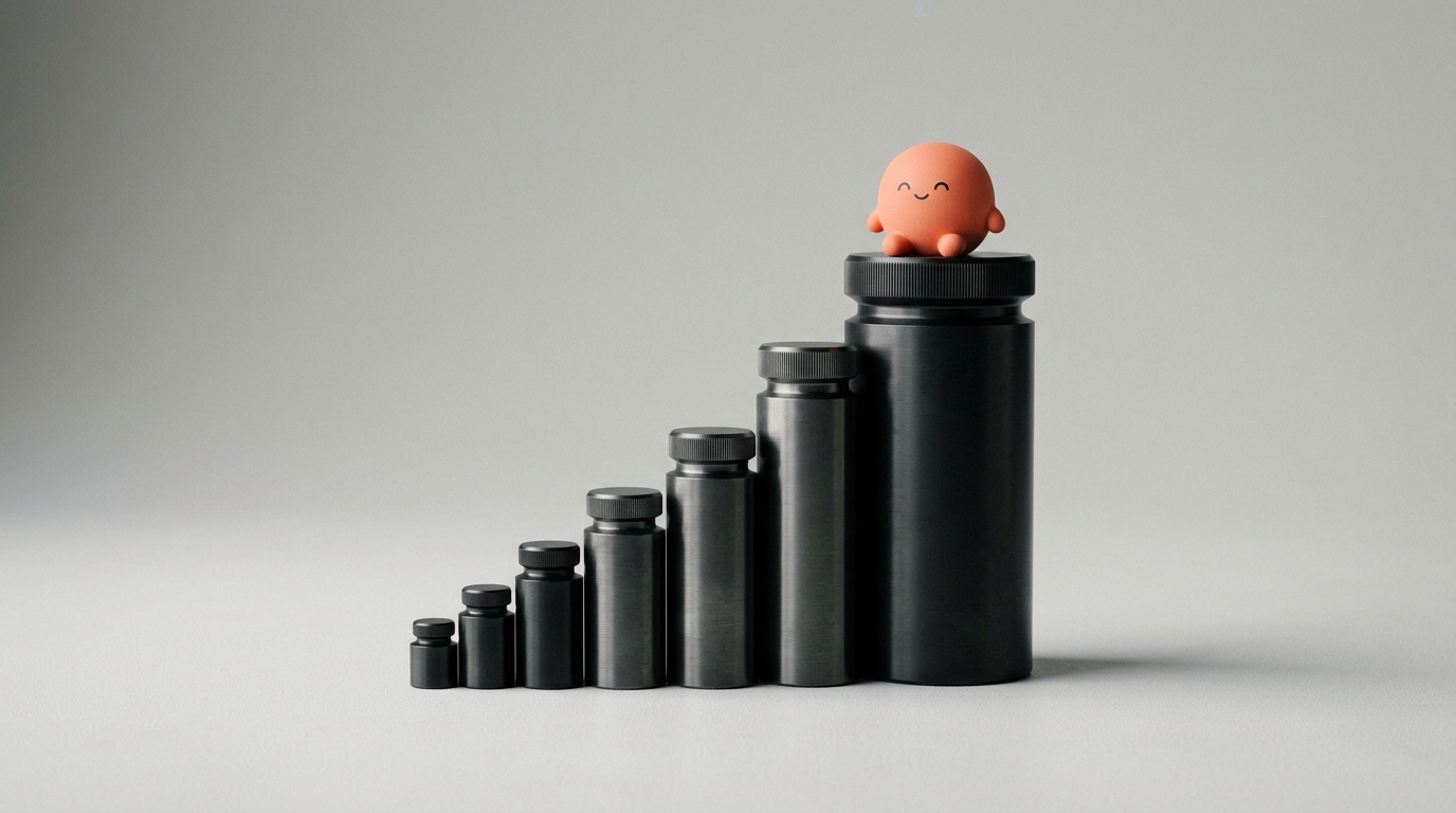A staircase of dark graduated weights with the orange Superkind mascot sitting on the tallest one