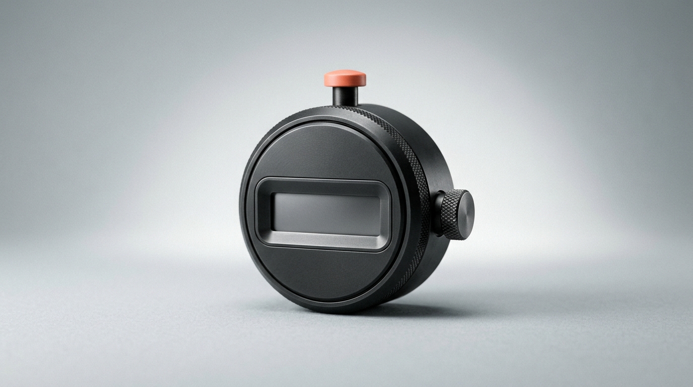 A dark mechanical tally counter with a single coral-orange thumb button