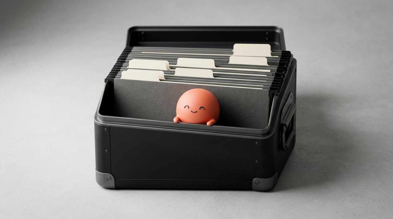 A dark archive box with hanging file folders and the orange Superkind mascot peeking out between them