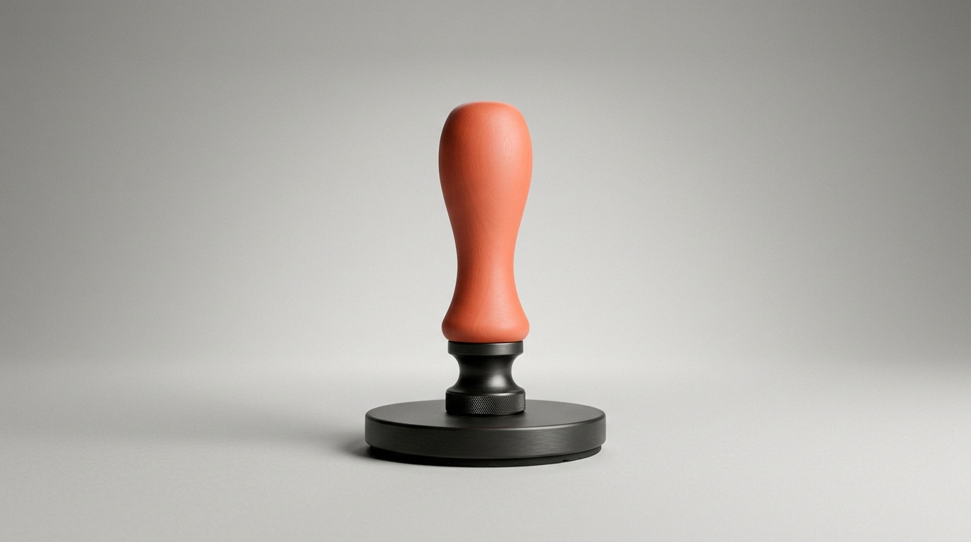 A dark rubber stamp on a round metal base with a coral-orange handle