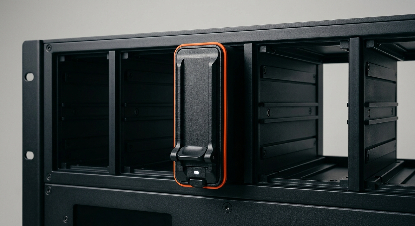 A dark metal knowledge module with an orange ring locked into a slot in the company's own rack, symbolising expertise captured and kept inside the company instead of carried away