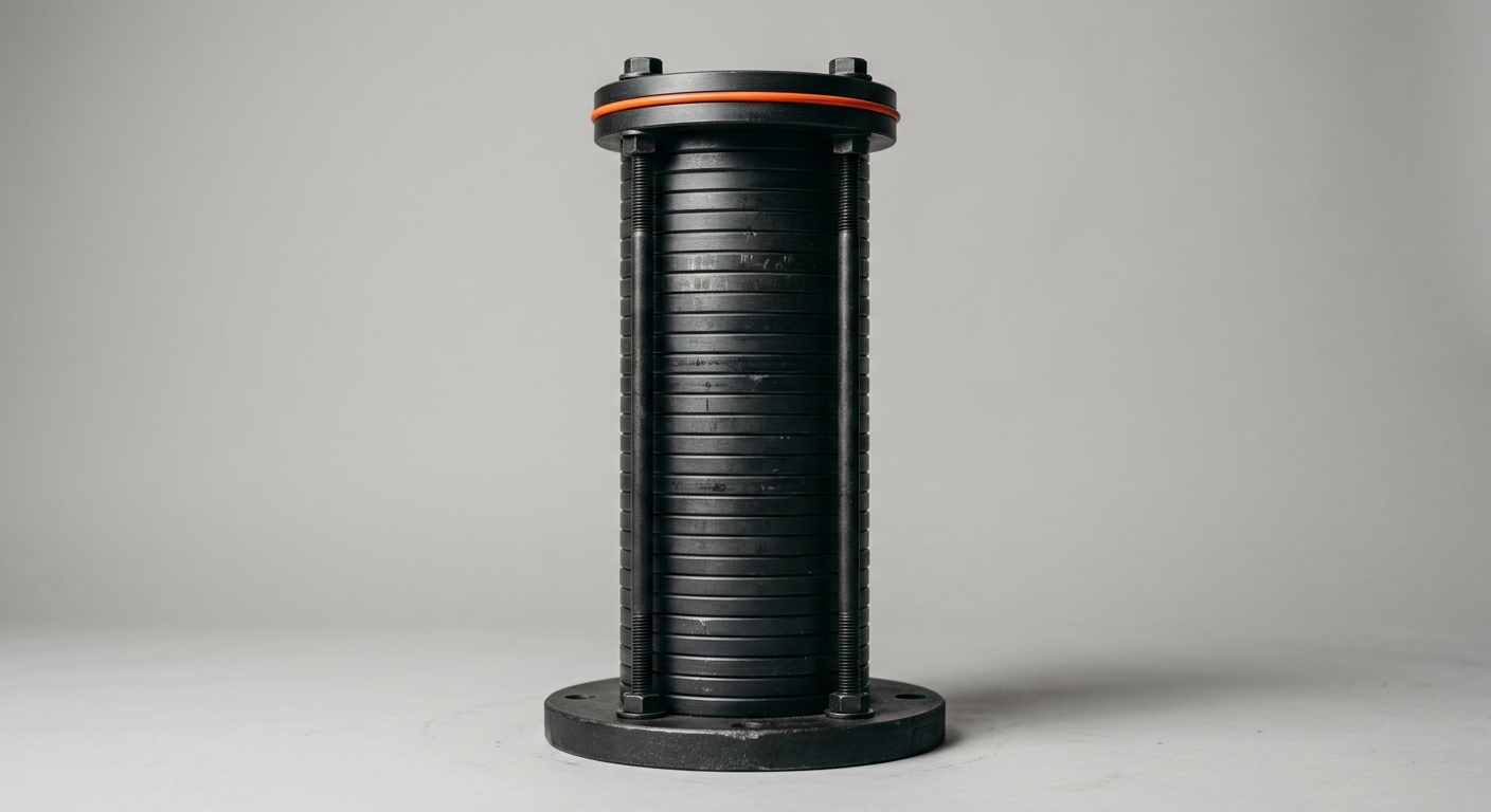 A tall permanent bolted stack of dark matte metal discs on a heavy base plate with an orange accent ring, representing persistent company memory that accumulates and endures