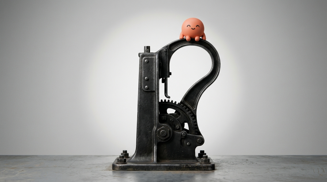 A dark matte cast-iron press shaped like a question mark with the orange Superkind mascot sitting on top