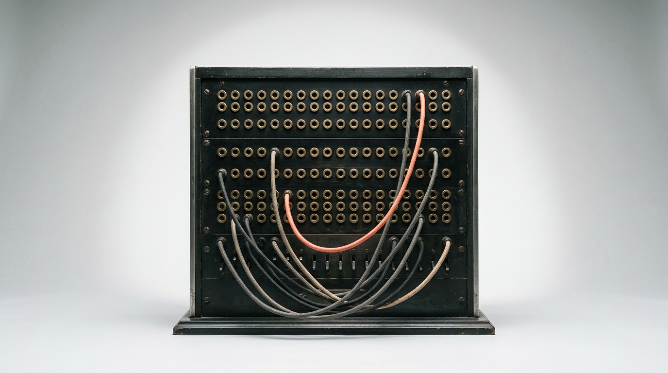 A dark matte vintage telephone switchboard with patch cords, one of them coral orange