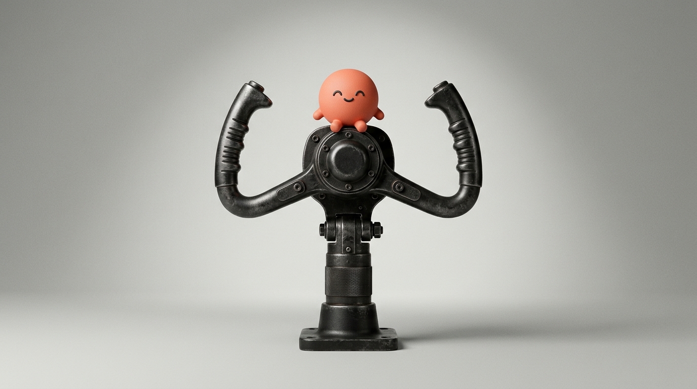 A dark vintage aircraft control yoke with the orange Superkind mascot sitting on top