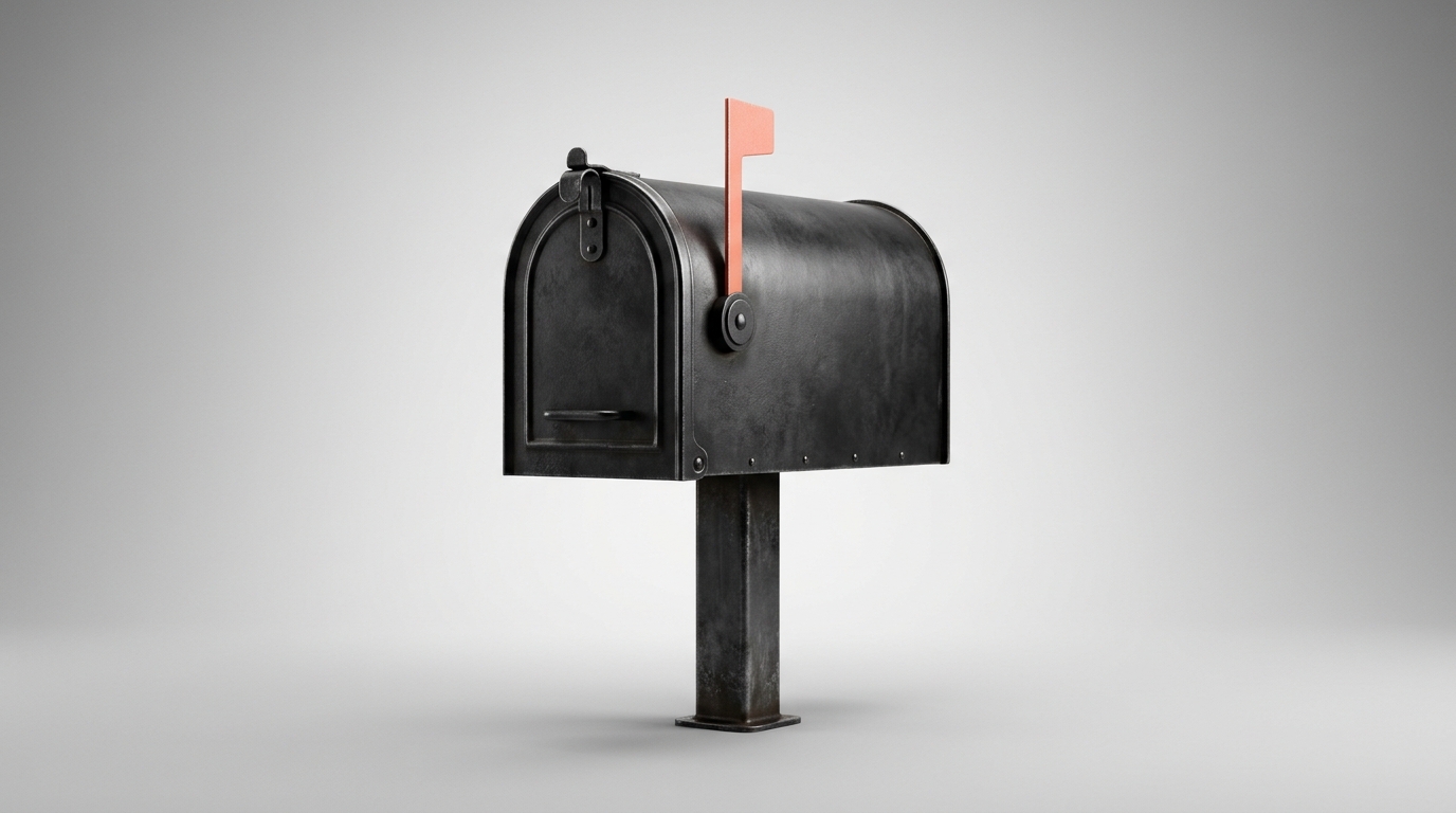 A dark vintage mailbox on a post with a closed door and a coral-orange signal flag