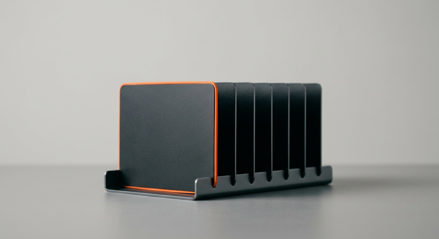 A neat row of dark metal record cards standing upright with one highlighted in orange, representing a CRM kept current and trustworthy