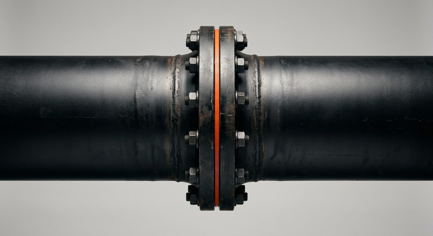 Two dark metal pipe sections joined at a flanged coupling with an orange gasket at the seam, symbolising context that survives the boundary between two departments