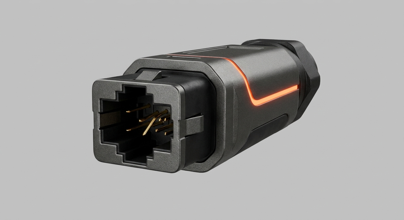 Industrieller Datenverbinder mit verbogenen Pins als Symbol fuer fehlerhafte Datenverbindungen, die KI-Systeme untergraben