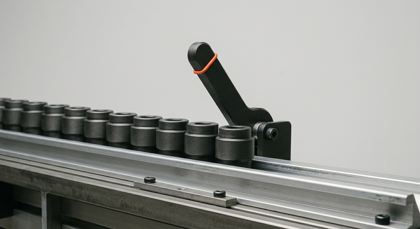 Identical components queued behind a single gate arm, illustrating routine decisions waiting on one approver