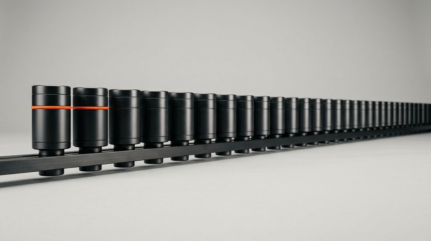 A long row of identical dark metal modules where only the first few carry an orange band, showing how few tenured people hold institutional memory as headcount grows