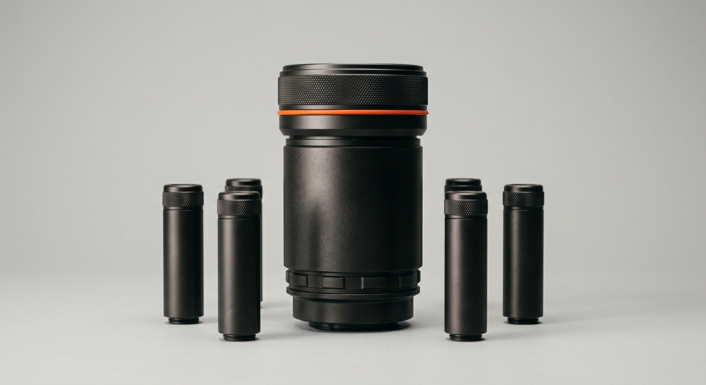 A single robust central metal core with an orange band surrounded by smaller identical modules, representing a Company Brain that stays while people come and go