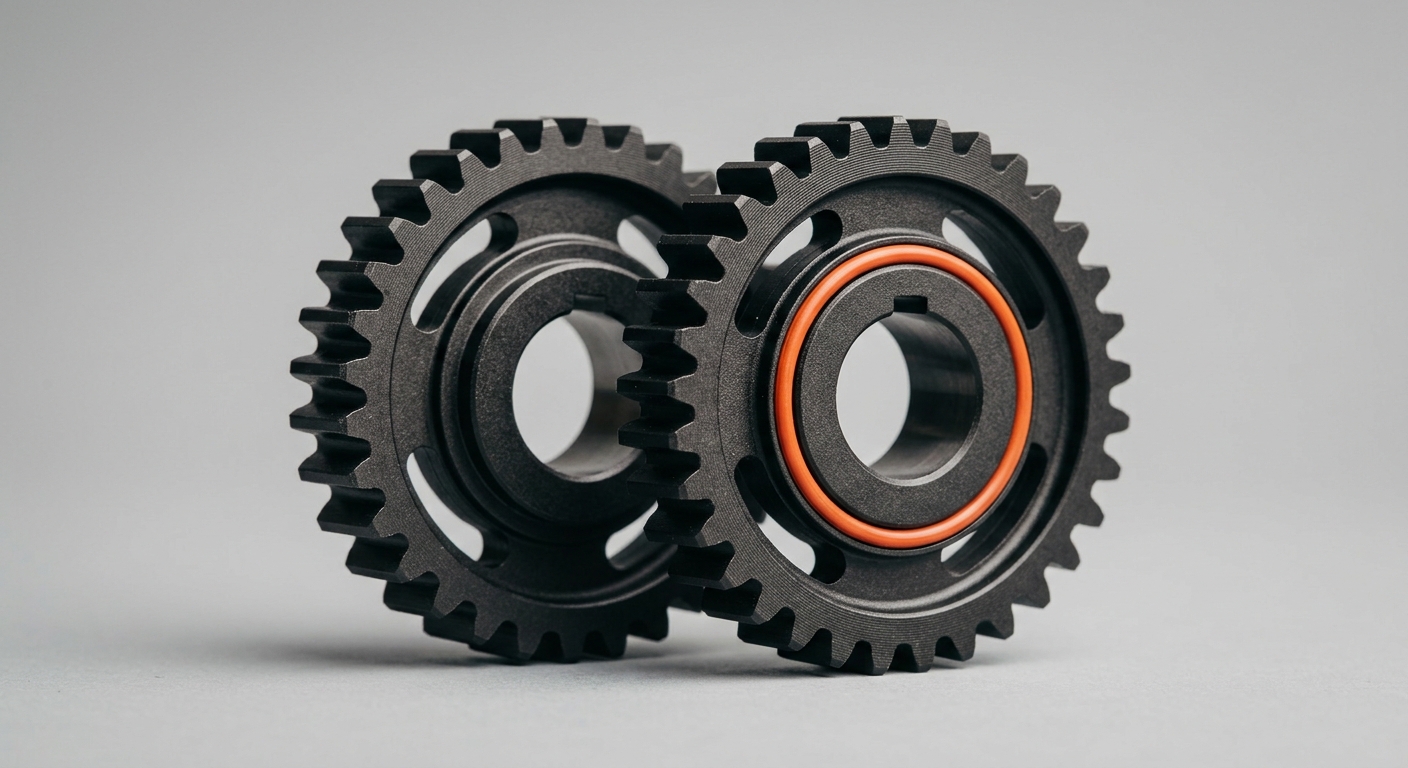 Two identical dark metal gears sitting side by side, one with an orange ring, representing a company machining the same solved part twice because it forgot it already made it