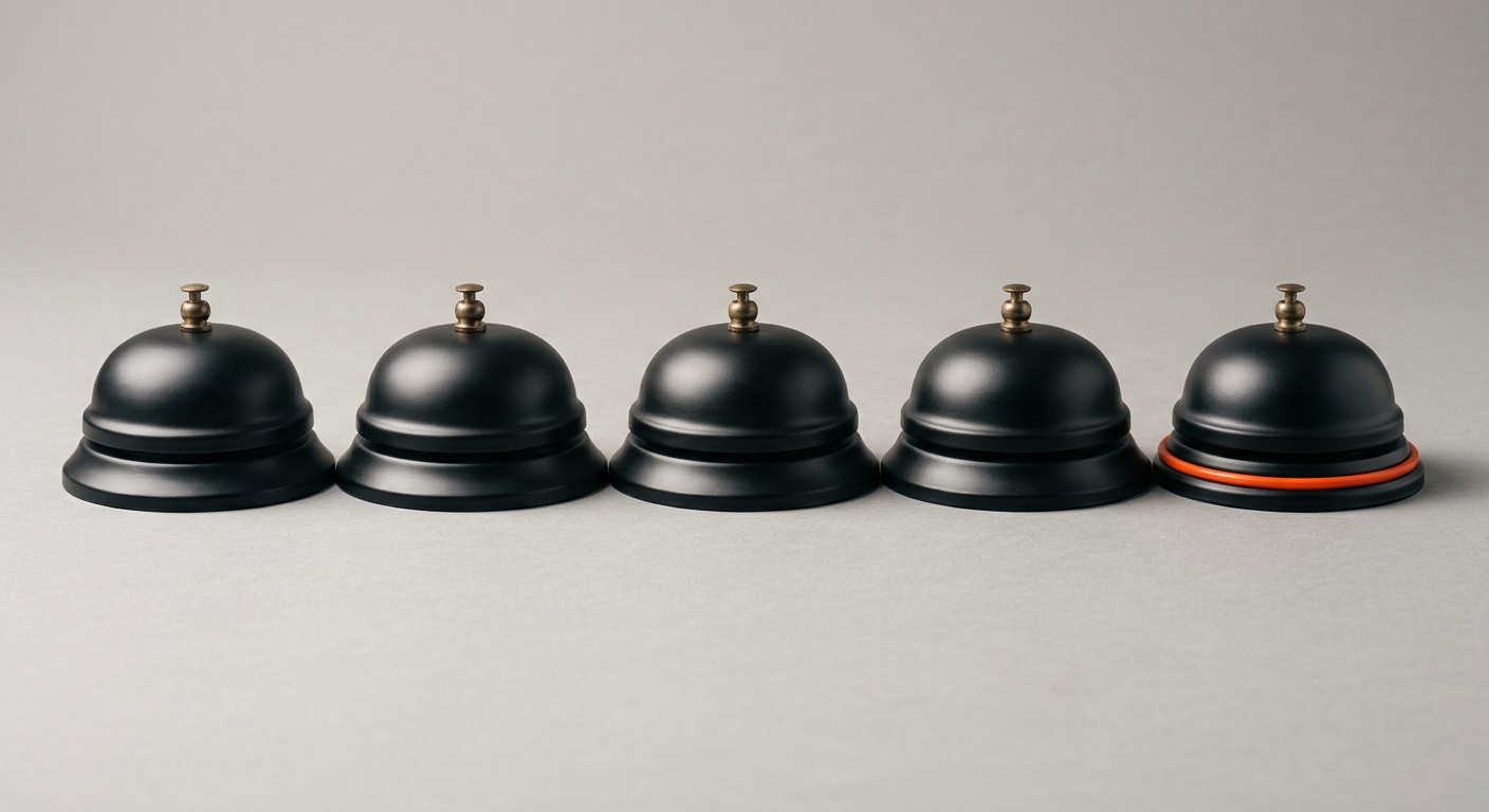 A row of dark metal call bells, one ringed in orange, representing the constant pings that pile up on one expert