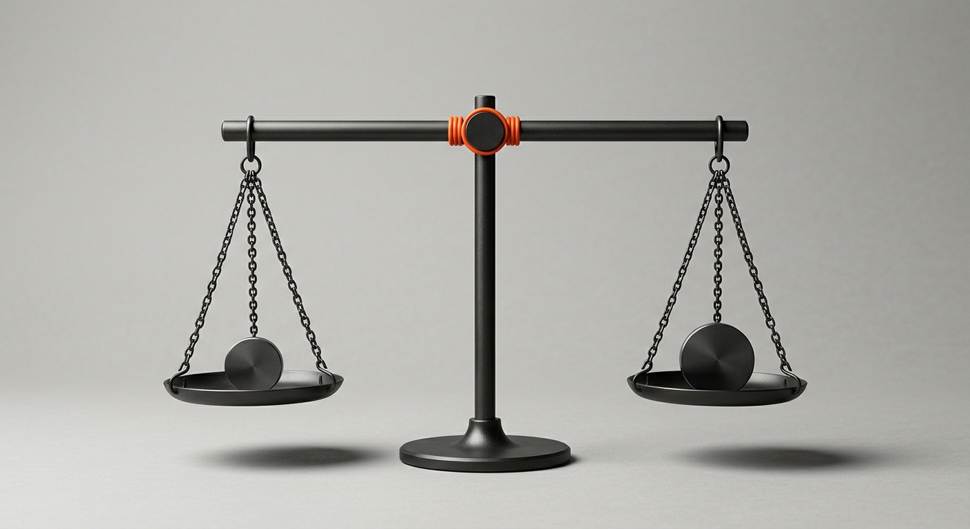 Eine dunkle Metallwaage, die zwei Scheiben unterschiedlicher Größe wiegt, mit orangefarbenem Akzent am Drehpunkt, als Sinnbild für den Vergleich von Versicherungsangeboten