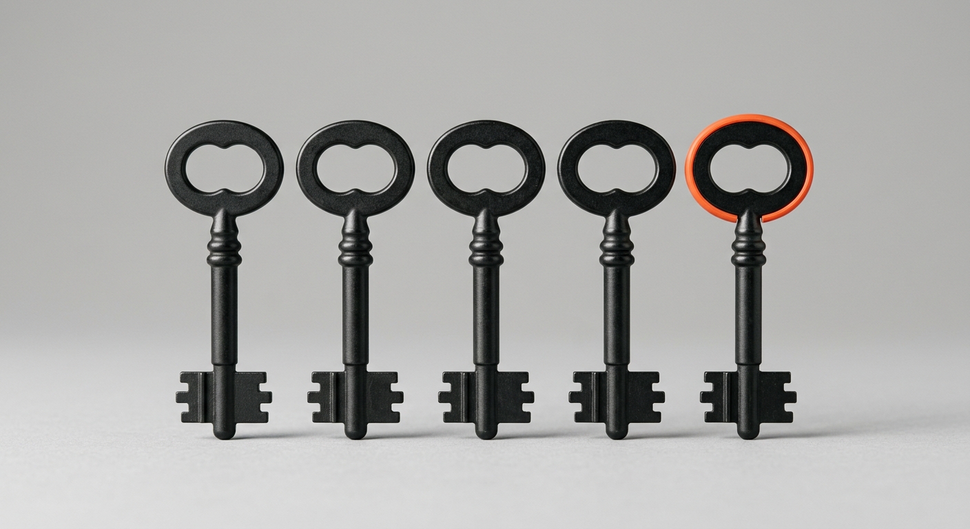 A row of identical metal keys, representing the same knowledge shared and duplicated across a company instead of held by one person