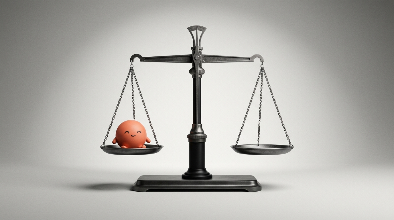 Eine Präzisionswaage, in einer Waagschale sitzt das orange Superkind-Maskottchen