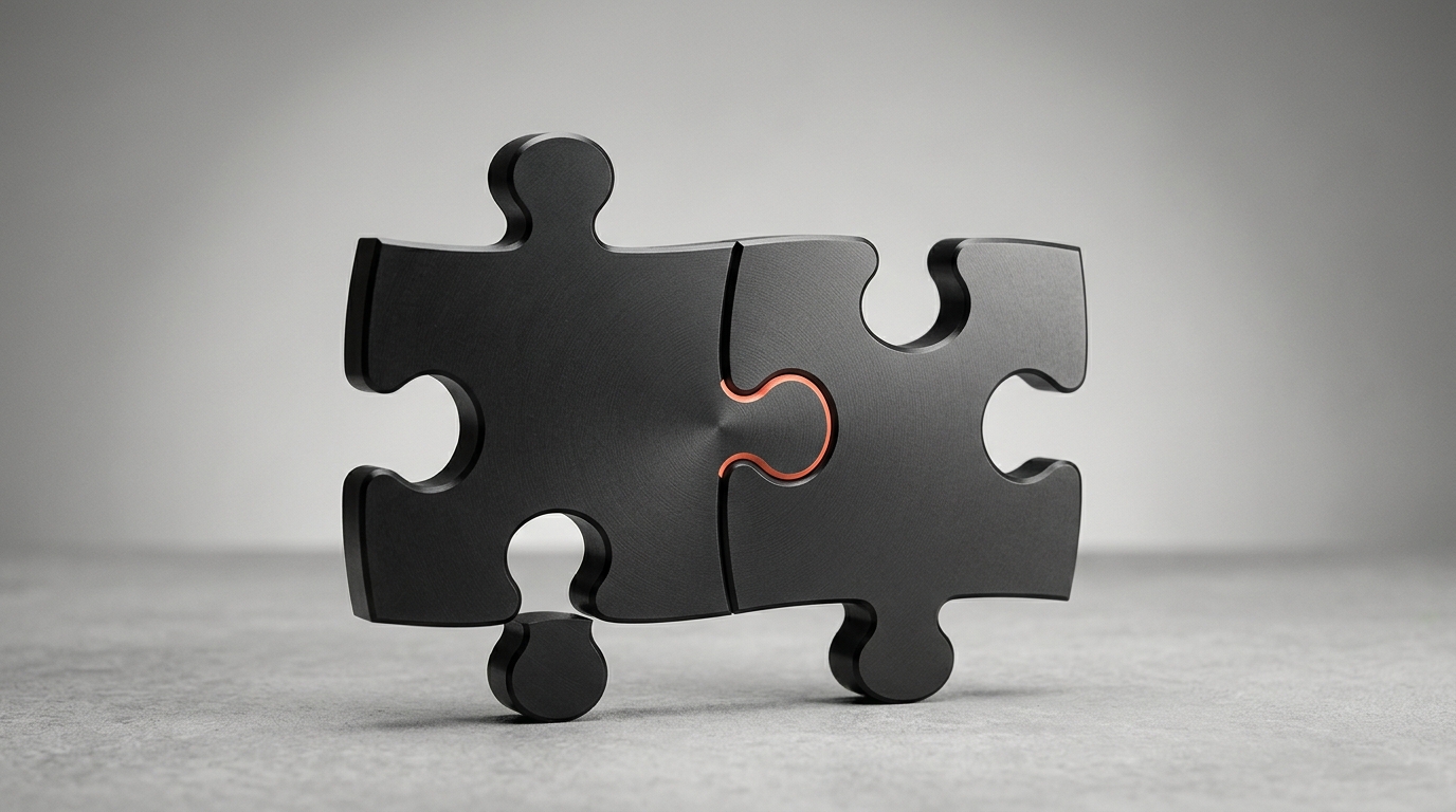 Zwei dunkle Puzzleteile aus Metall passen genau zusammen, mit oranger Fuge