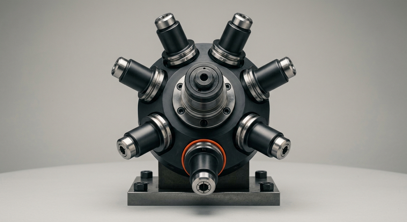 CNC-Werkzeugrevolver mit mehreren Spezial-Werkzeughaltern um eine zentrale Spindel - das Orchestrator-Worker-Muster physisch dargestellt