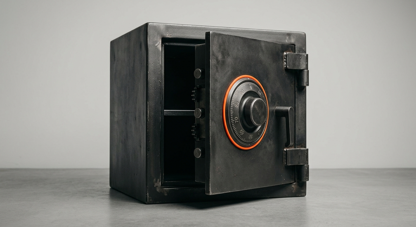 A dark metal safe with an orange combination dial, representing a company memory that stays locked in when people leave
