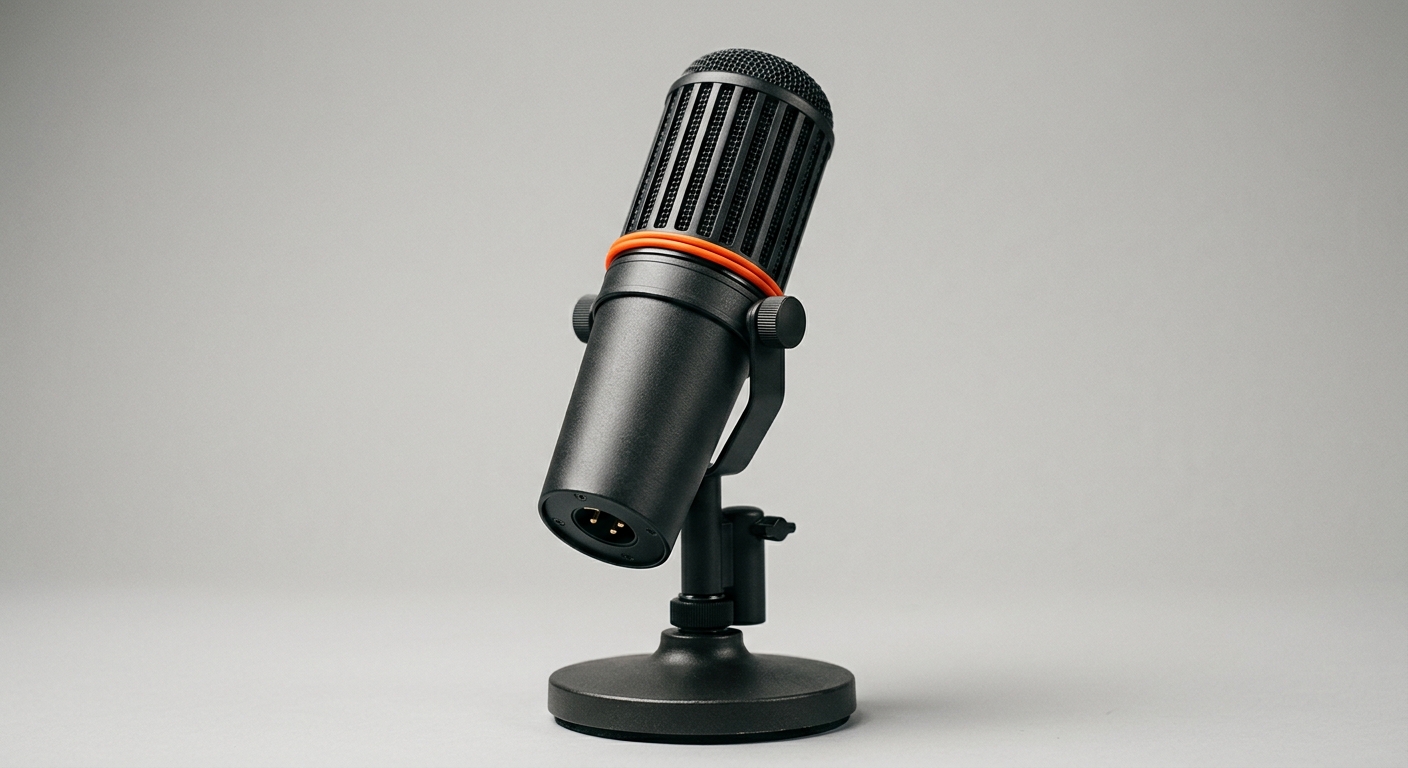A dark matte metal studio microphone with an orange accent ring, representing an automated offboarding interview that captures a departing employee's knowledge