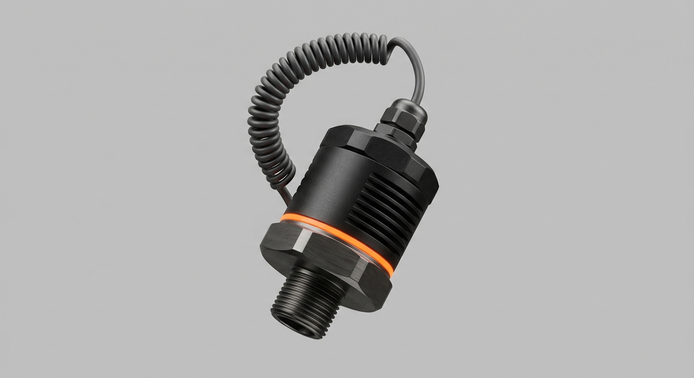 Industrial vibration sensor with glowing orange LED representing predictive maintenance