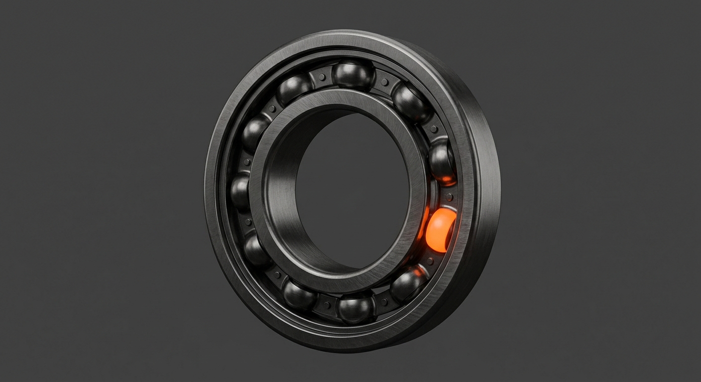 Industrial ball bearing with one orange rolling element representing bearing fault detection