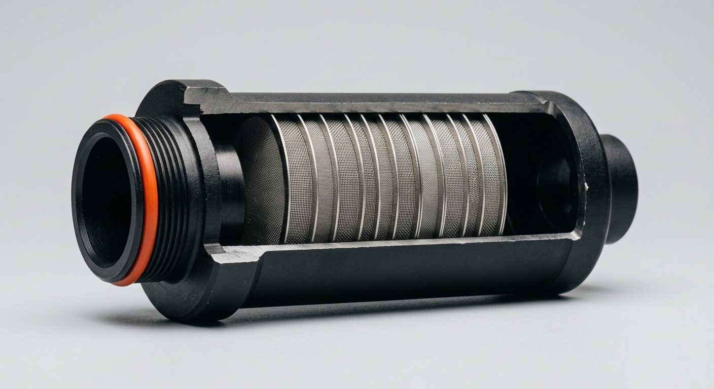 A cutaway dark matte metal inline filter housing with several stacked mesh screens and an orange accent ring, representing layered input and output guardrails that screen what a connected AI agent reads and sends