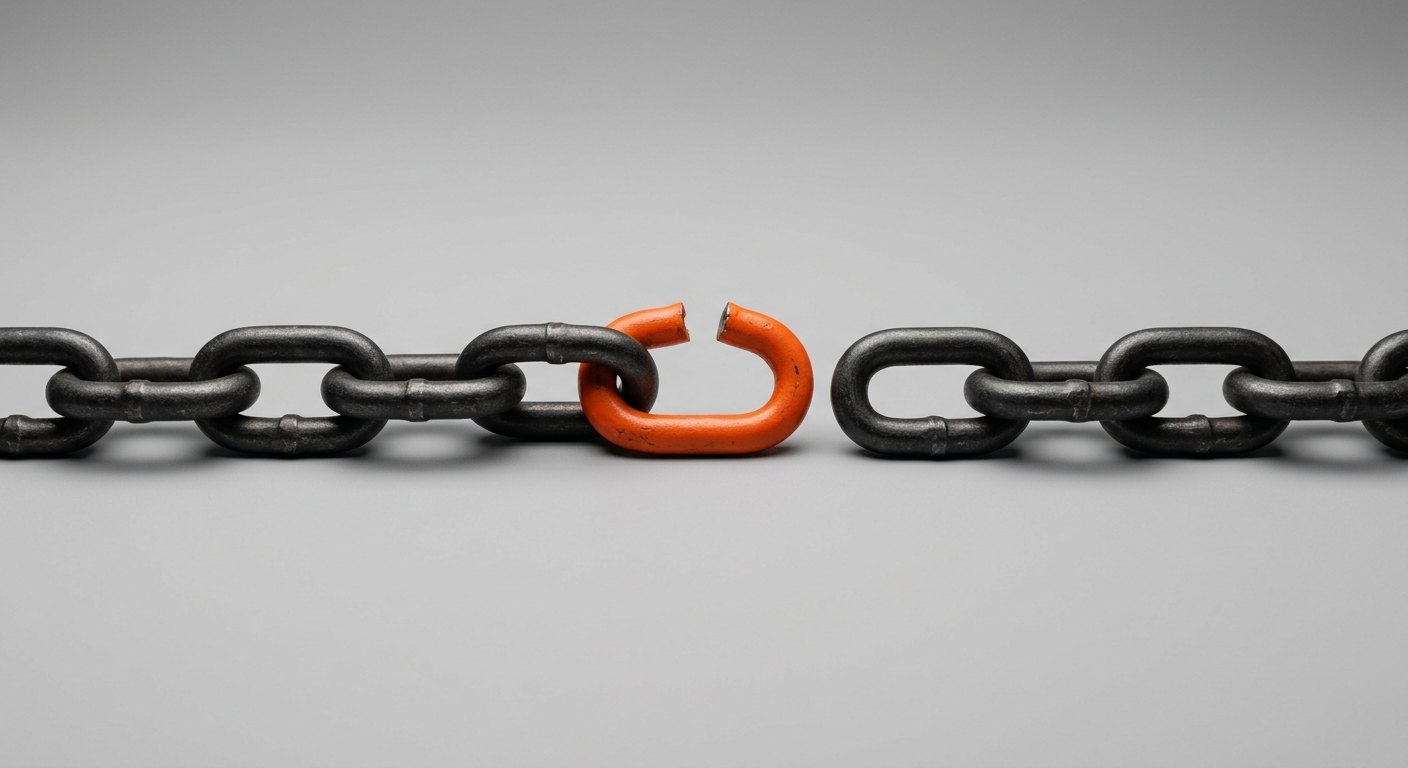 A metal chain with one broken orange link, showing how a single departure breaks the chain of relational capital