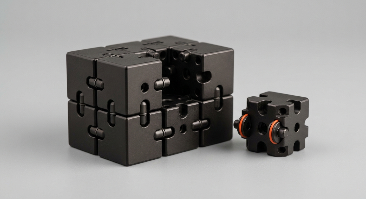 Interlocking dark metal modular cubes with one lifted out and set apart so its couplings no longer align, representing a reorganization removing a piece and breaking the connections that made the structure work