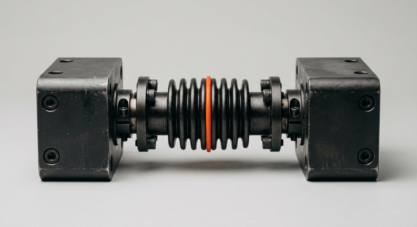 A dark metal flexible coupling bridging two separate metal blocks with an orange band around it, representing a company memory that keeps knowledge connected across the gap a reorganization opens