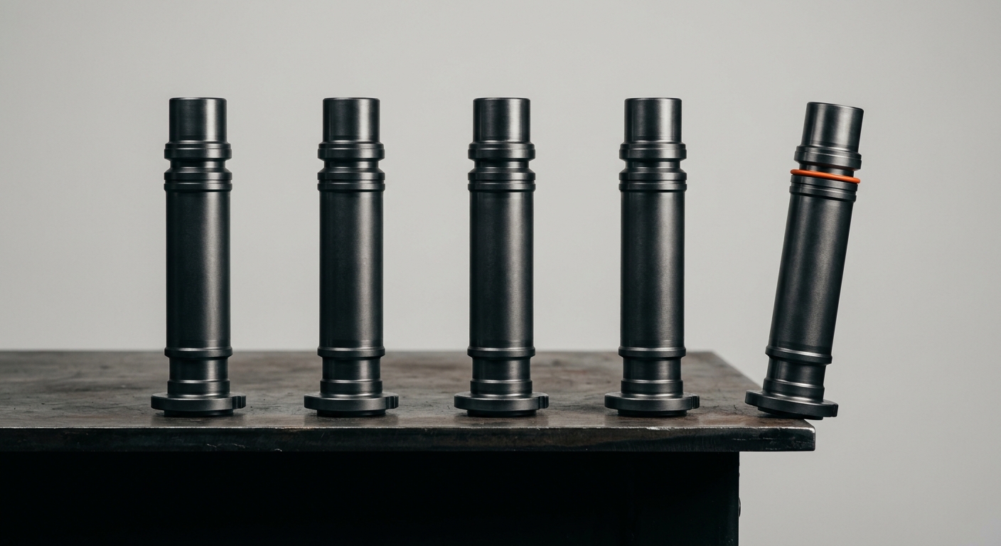 Five dark metal precision spindles in a row, the tallest one on the right marked with an orange band and tilting off the edge of the platform, representing a veteran expert about to retire off the cliff edge