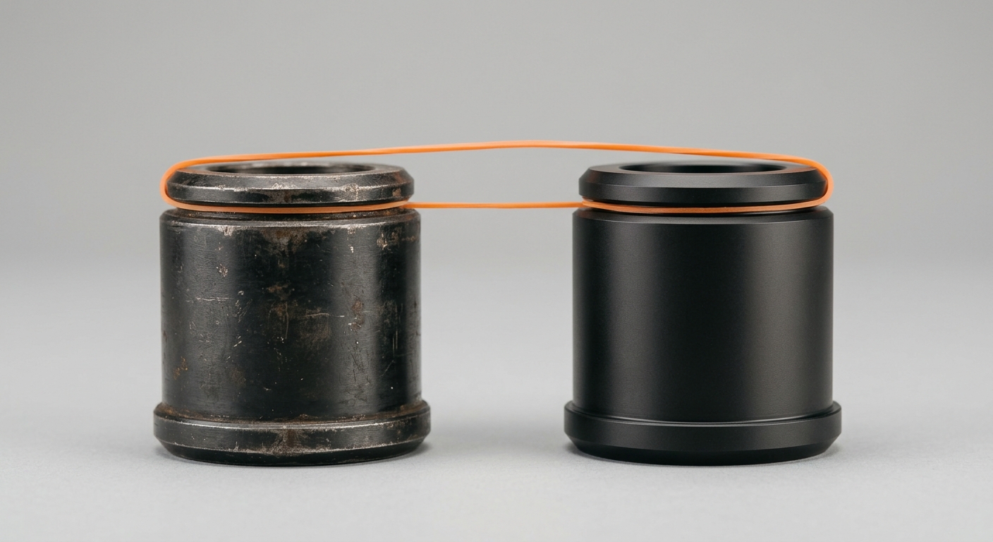 A worn dark metal component beside a new one, connected by an orange band bridging the two, representing knowledge handed off from a retiring expert to the company memory and its successor