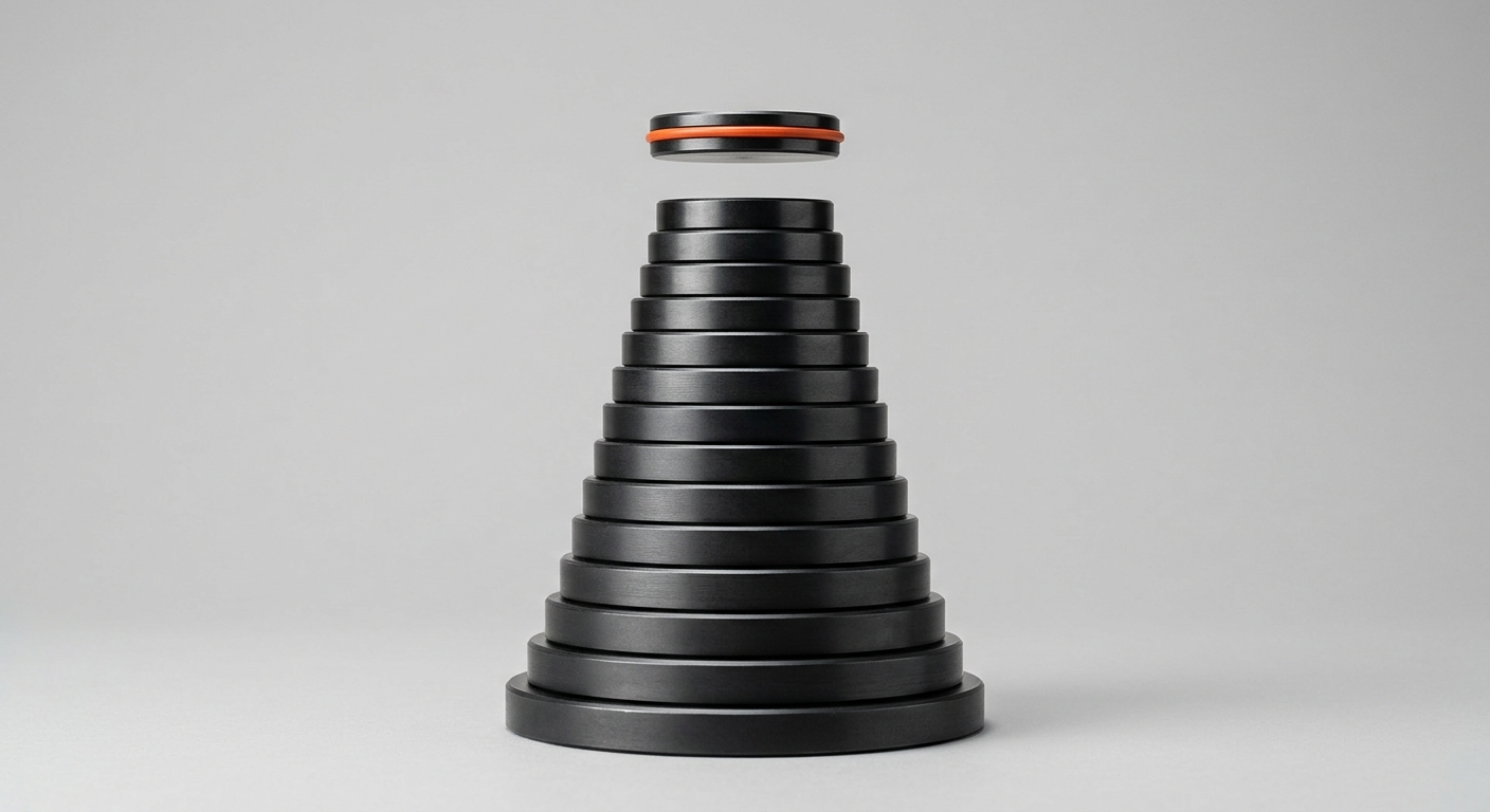 A stack of metal weights with the top load lifted clear, symbolising routine work taken off skilled employees